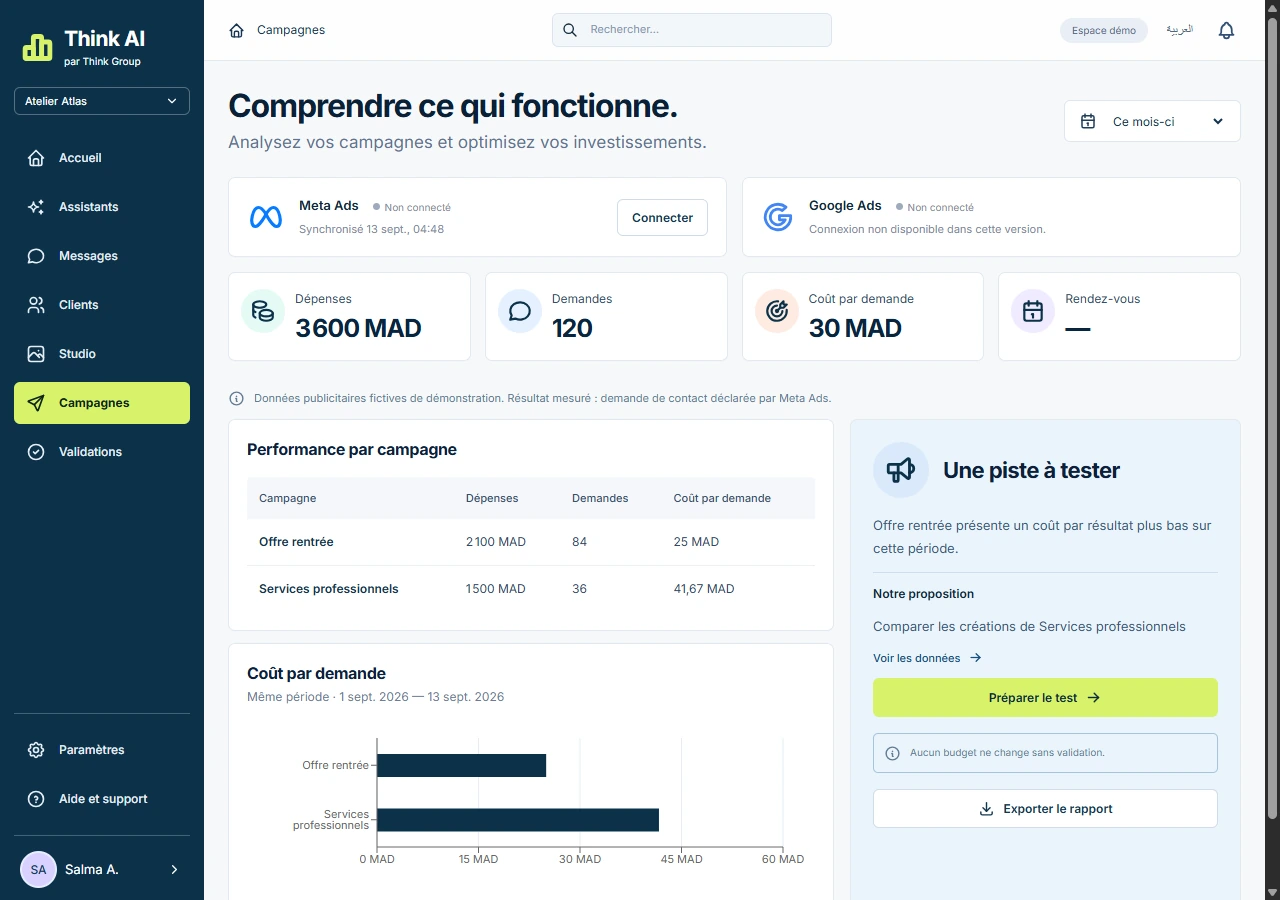 Interface Marketing de Think AI avec des données de démonstration
