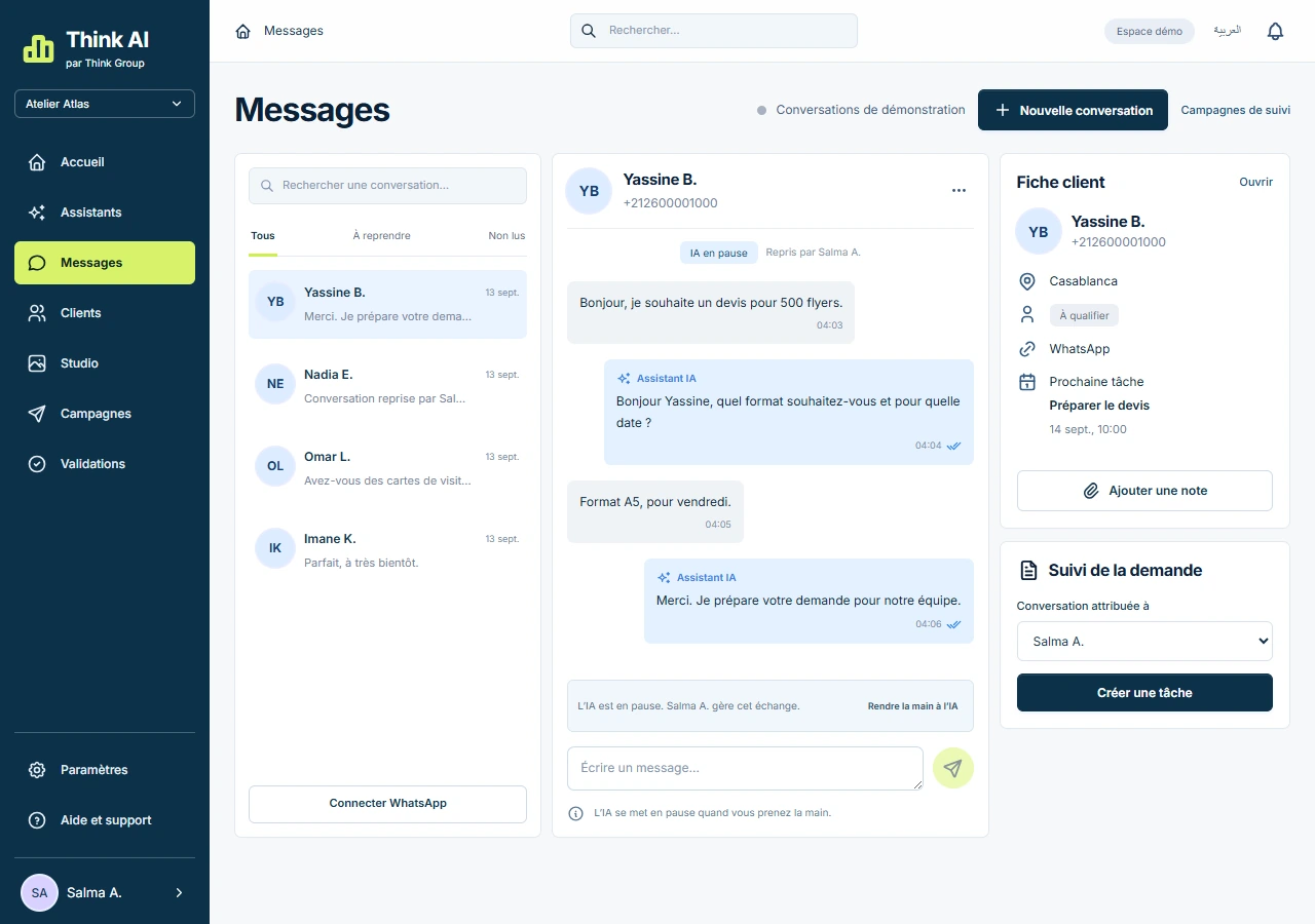 Interface Relation client de Think AI avec des données de démonstration