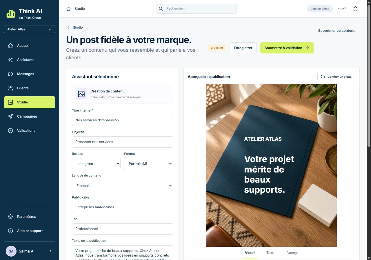 Interface Création de contenu de Think AI avec des données de démonstration